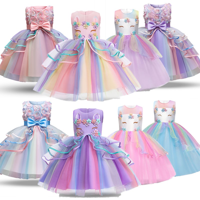 Đầm Công Chúa Họa Tiết Kỳ Lân Màu Cầu Vồng Xinh Xắn Cho Bé Gái 4-10 Tuổi