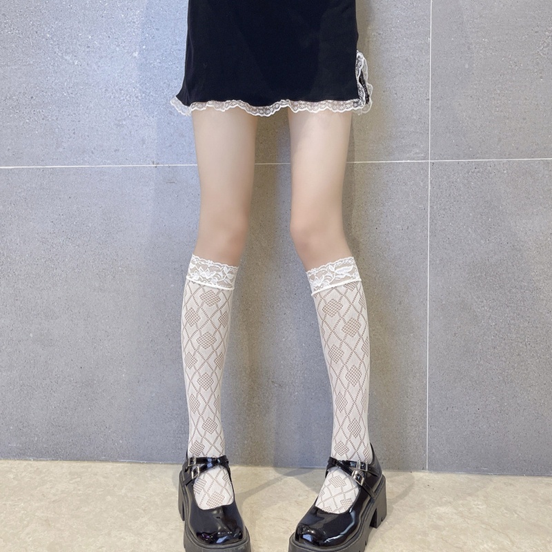 Xiangbao Vớ Ống Cao Ngang Bắp Chân Phối Ren Lưới Kẻ Sọc Trái Tim Ghép Nối Kiểu Lolita Nhật Bản Cho Nữ Có Sẵn