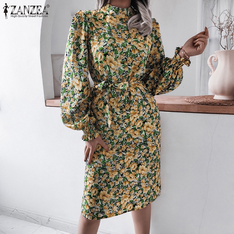 Đầm Midi Zanzea Tay Dài Cổ Giả In Hoa Phong Cách Châu Âu Cho Phụ Nữ