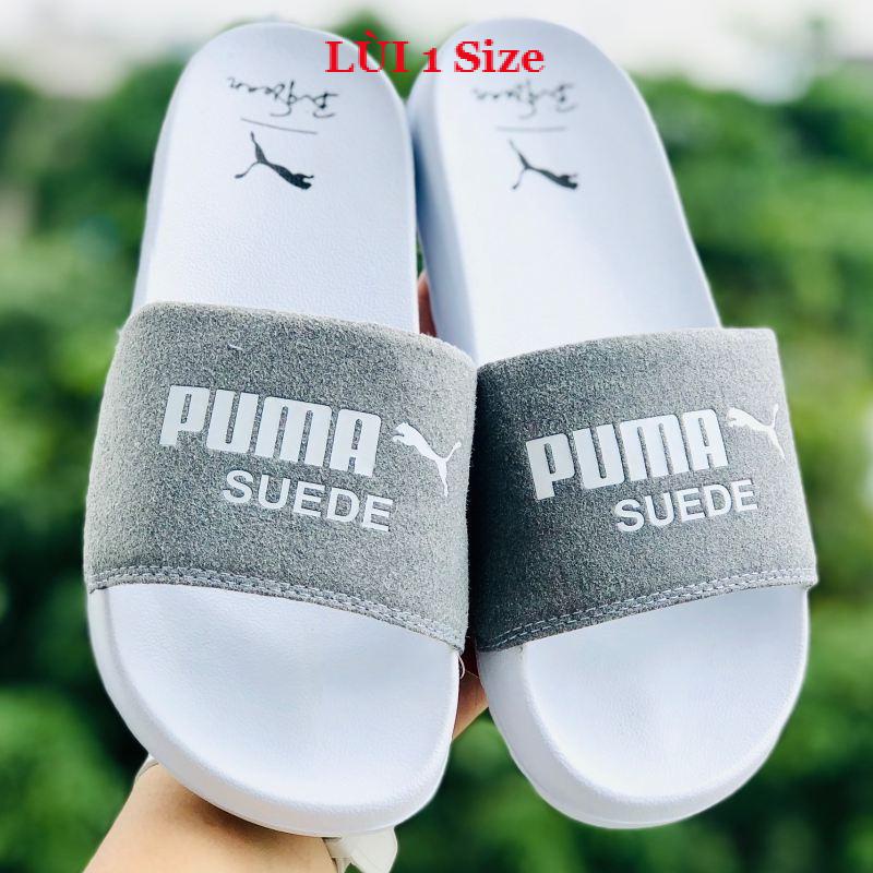 Dép unisex 𝐌𝐋𝐁 𝐏𝐔𝐌𝐀 ❤️FREESHIP + Hộp❤️ dép mlb bóng chày quai ngang thể thao nữ in PUMA da lộn, trắng-quai-xám