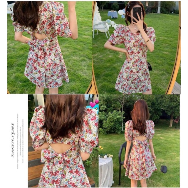 (Sẵn ảnh thật) Đầm hoa nhí xoè nơ lưng sau ulzzang hàn quốc
