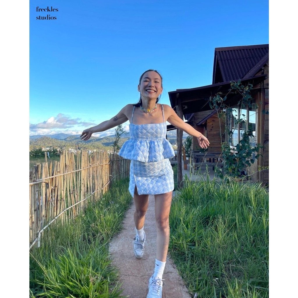 The Freckles Studios - Set áo nữ hai dây croptop và chân váy ngắn xẻ tà caro Blooming (có bán lẻ)
