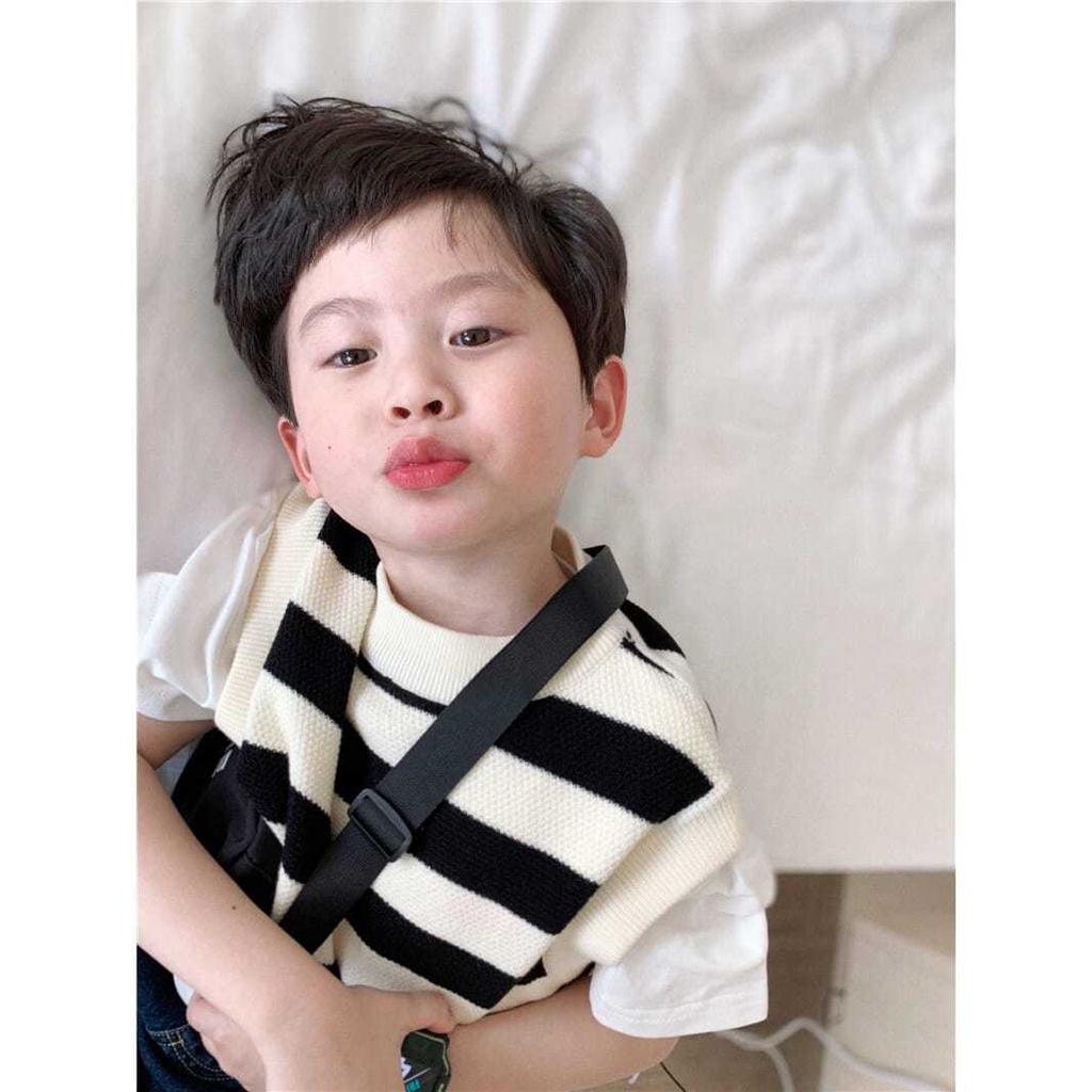 Áo dệt kim không tay dáng rộng kẻ sọc mềm mại thời trang xuân thu Hàn cho mẹ và bé