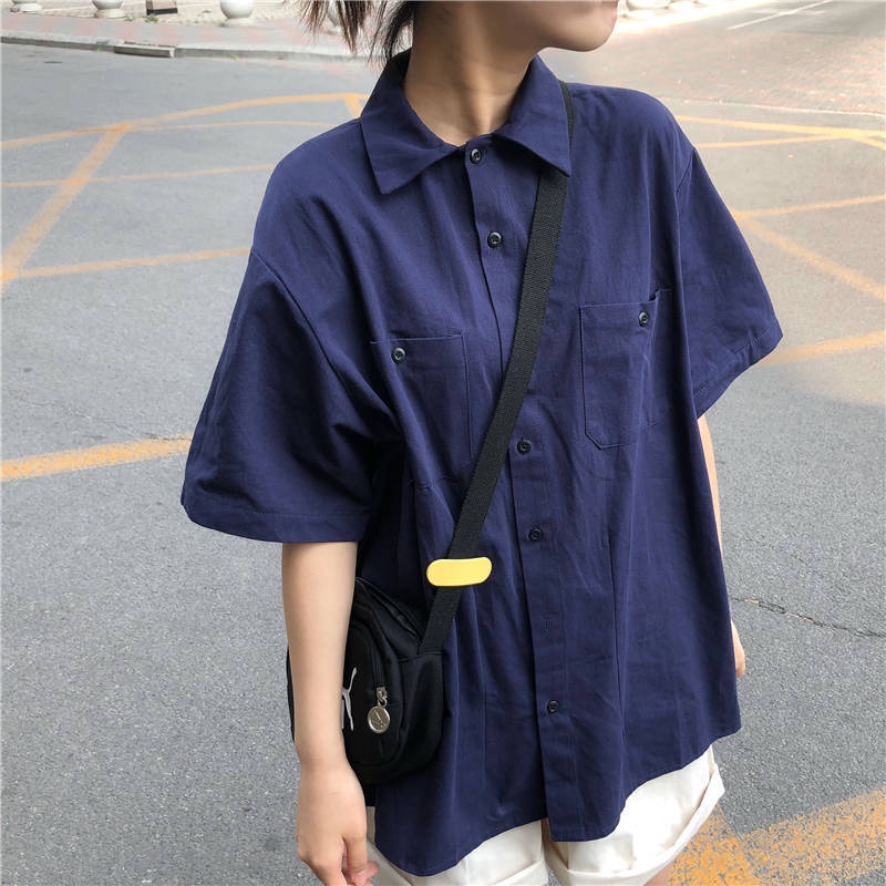 Áo sơ mi COZOKC tay ngắn dáng rộng màu trơn thời trang đơn giản