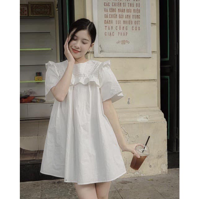 Váy babydoll xếp ly ngực, đầm baby doll tay bồng, dáng ngắn dễ thương