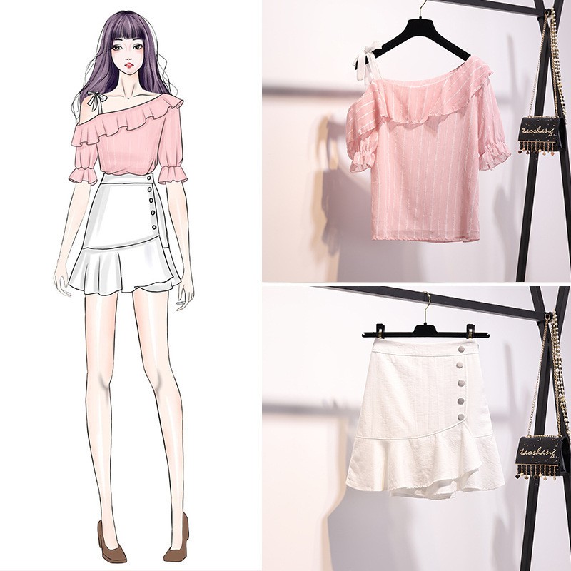 Sét váy thiết kế lệch vai phong cách Hàn Quốc HOT TREND