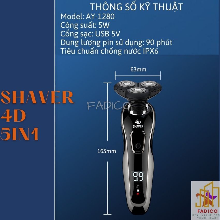 [HCM]Máy cạo râu đa năng Shaver 4D 5in1, Máy cạo râu thông minh cổng sạc USB-FADICO