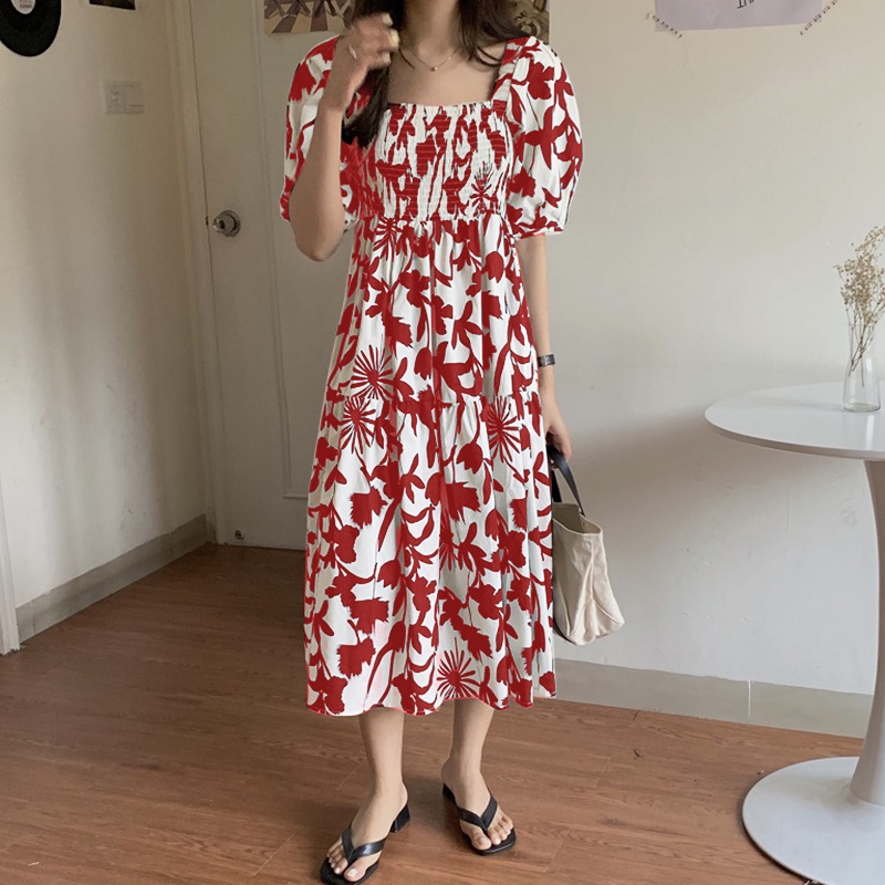 Zanzea Đầm Dài Tay Lửng Cổ Vuông In Họa Tiết Hoa Phong Cách Hàn Quốc Thời Trang Cho Nữ