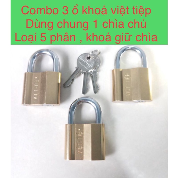 Combo 3 ổ khóa việt tiệp dùng chung 1 chìa ( loại 5 phân , khóa giữ chìa , gồm 3 chìa sơ cua )