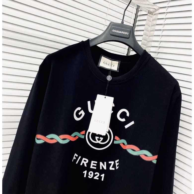 Áo nỉ sweater nam nữ in chữ GG dây xanh đỏ Firenze 1921 ống bo chun dày dặn hai màu đen sữa