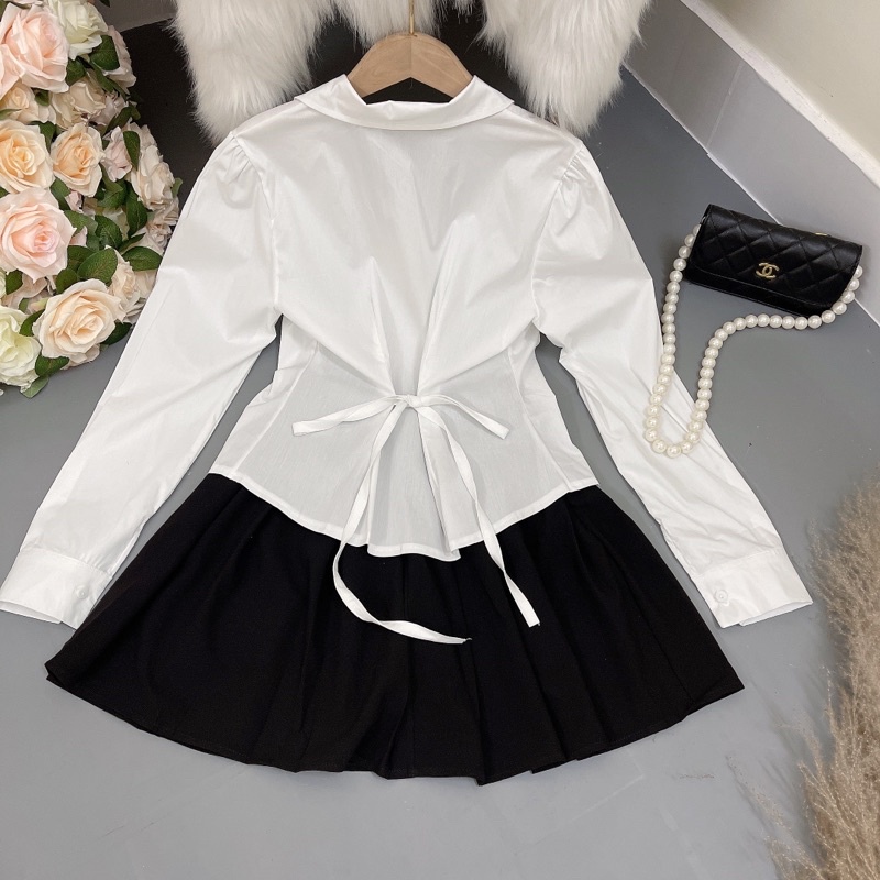 Sét áo sơ mi tay dài cột nơ ( CÓ BÁN RỜI) + chân váy XÒE xếp ly dễ thương -Thời Trang VADA | BigBuy360 - bigbuy360.vn