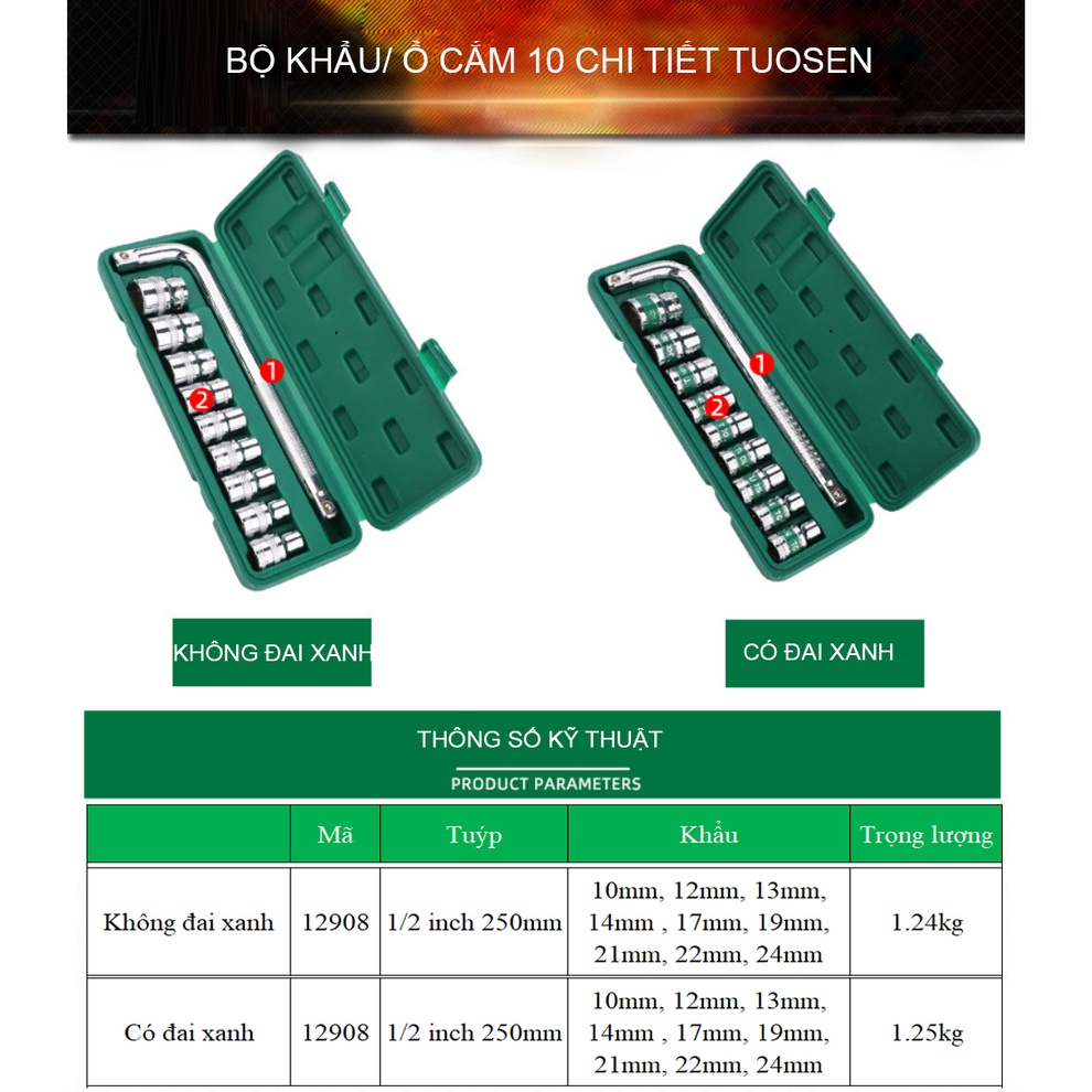 Bộ khẩu sửa xe 1/2 TUOSEN (10 chi tiết bao gồm cả tuýp): 10mm, 12mm, 13mm, 14mm , 17mm, 19mm, 21mm, 22mm, 24mm