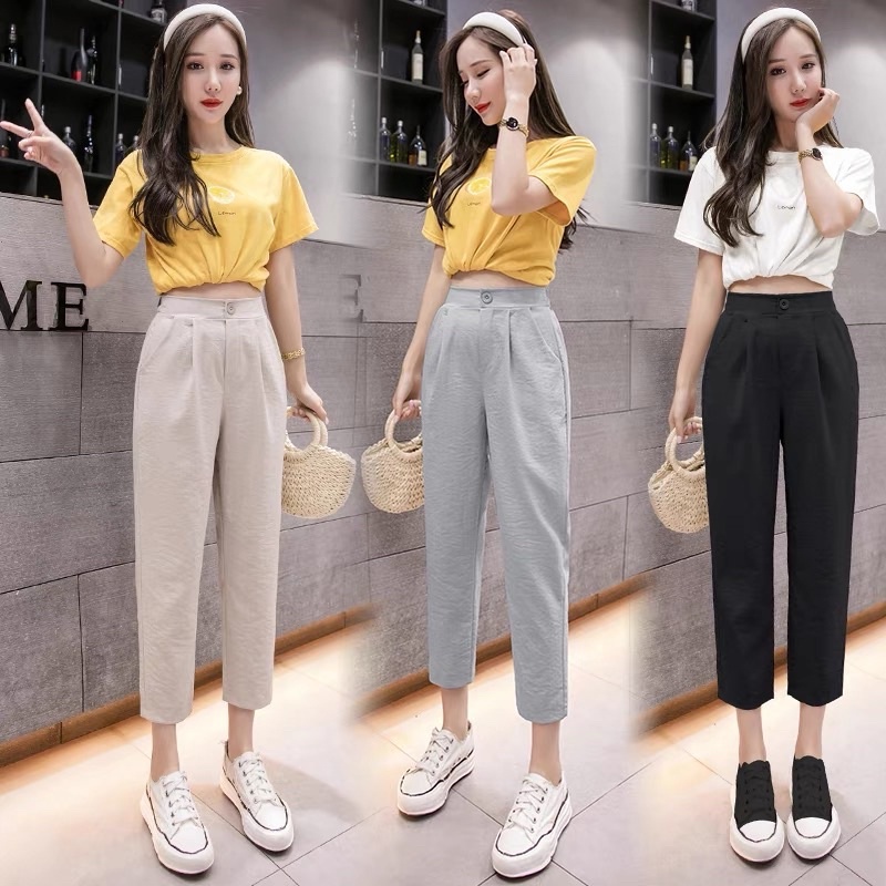 Quần đũi nữ baggy dáng dài lưng cao cạp sau chun vải đũi dài chất thun mềm- Quần vải nữ cạp cao màu đen be đi học đi làm