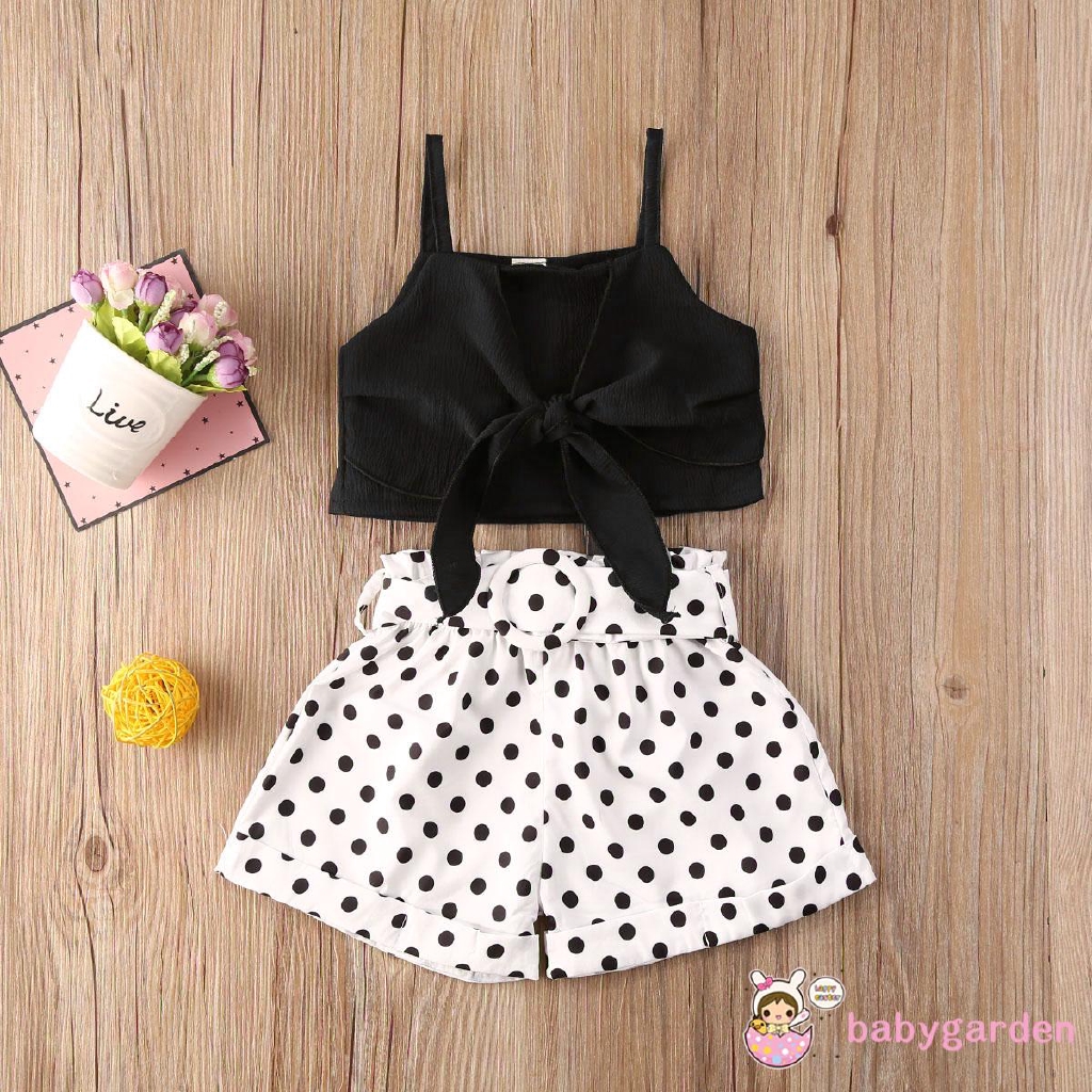 Set Áo Croptop Và Quần Sọt Hoạ Tiết Chấm Bi Cho Bé Gái