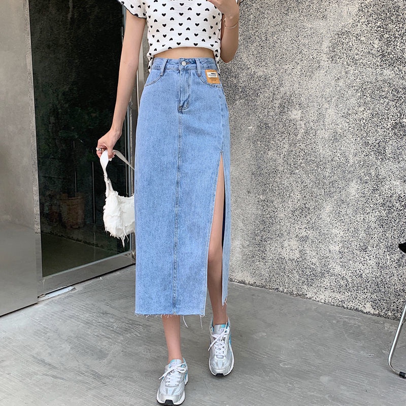 Jiashucheng Influencer Plus Size Chân Váy Denim Xẻ Tà Bên Hông Lưng Cao Vừa Nhỏ Phong Cách Mới 2021