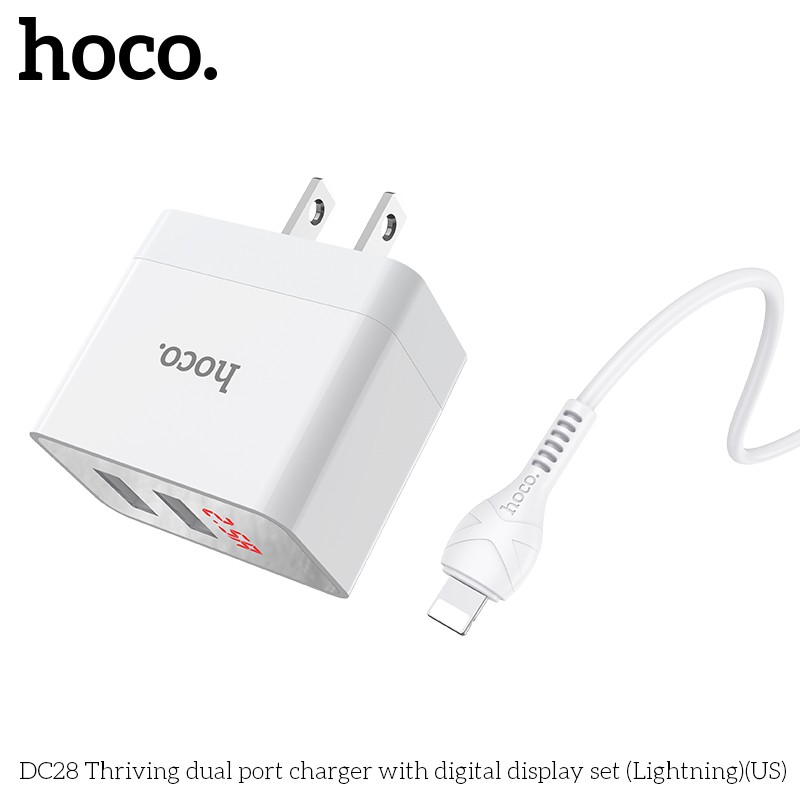 Bộ sạc nhanh Hoco DC28 màn hình led 2 cổng USB cáp Lightning 1m -Dành cho thiết bị Iphone, Ipad