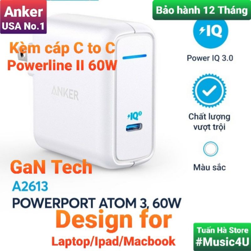 Sạc ANKER PowerPort Atom III 1 cổng PIQ 3.0 60W - A2613 cho Laptop, Ipad, Macbook [Music4U]
