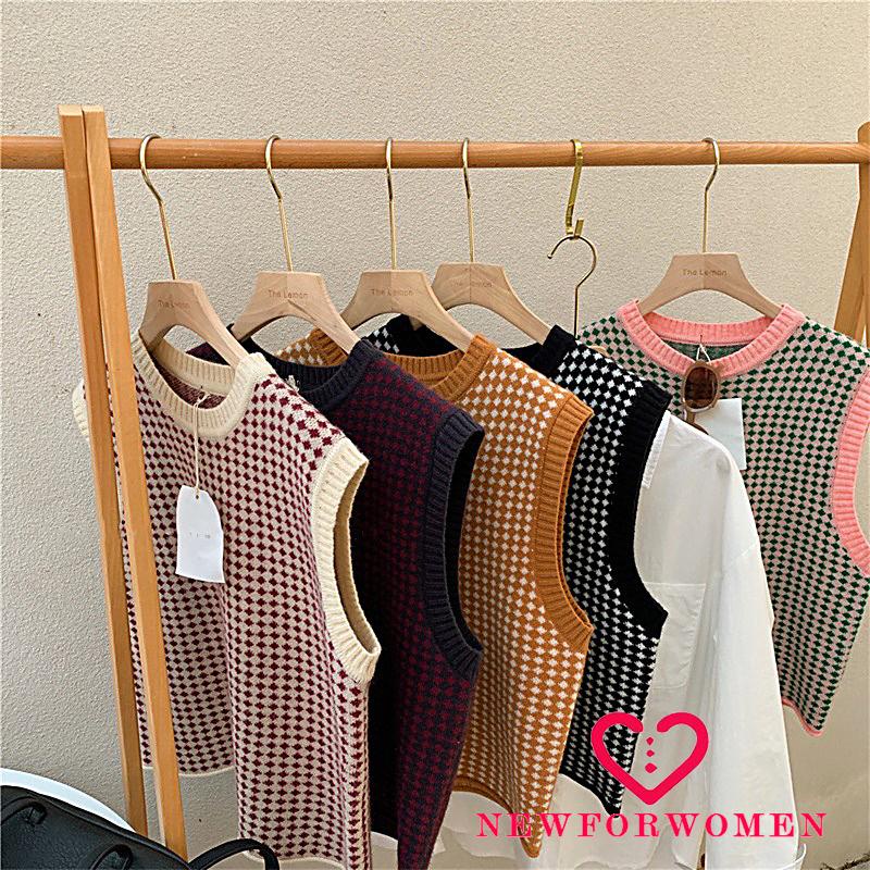 Áo Dệt Kim Sát Nách Cổ Tròn Dáng Rộng Màu Sắc Tương Phản Thời Trang Mùa Thu Cho Nữ