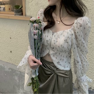 (HÀNG ORDER) Set áo croptop voan hoa dập nhăn tay bo phồng phối váy dài quấn hông siu đẹp (có hình thật)