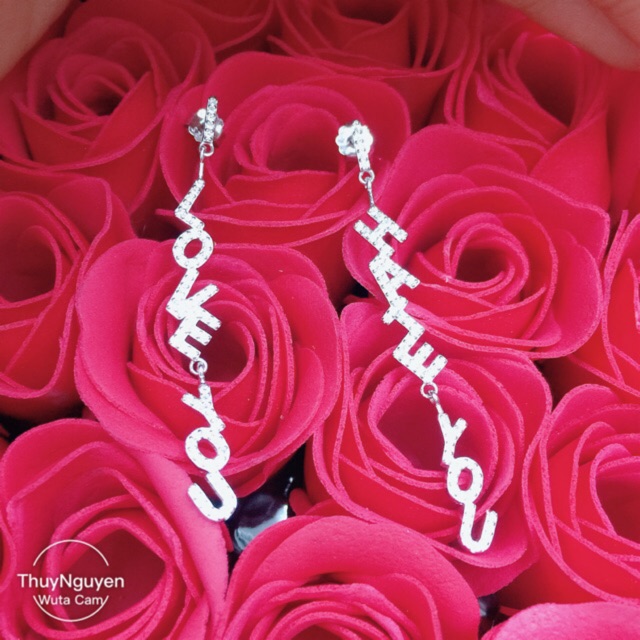 Khuyên tai bạc thật mạ vàng chữ i love you i hate you