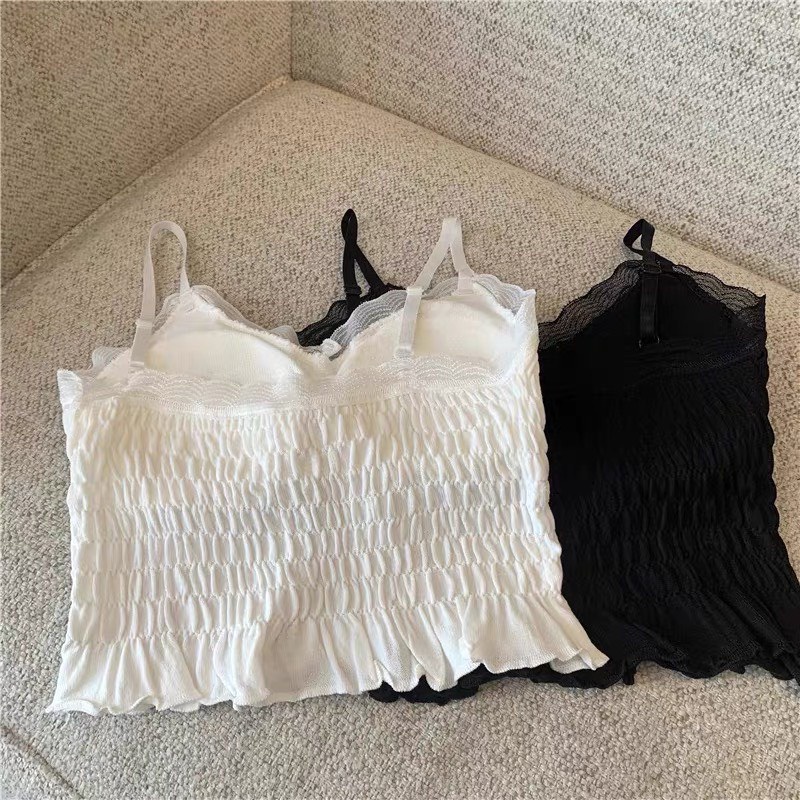 Áo 2 dây áo lót bra chun, nhúm bèo siêu xinh, có đệm ngực, dáng Croptop mix đồ cực xinh hàng đẹp loại 1