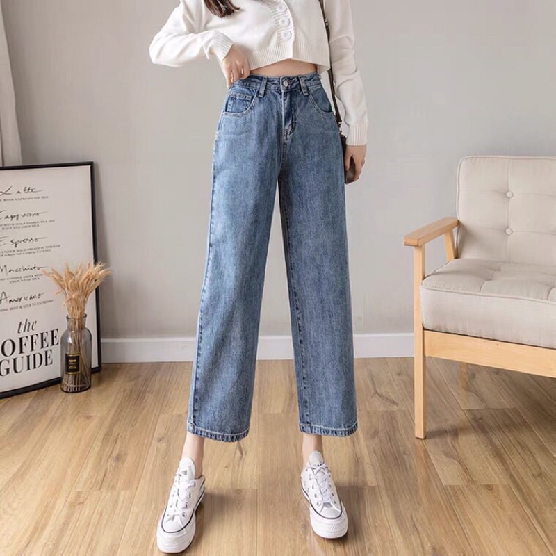 Quần vải bò jean ống rộng suông xuông nữ jeans cạp cao phong cách Hàn Quốc sành điệu style năm 2021
