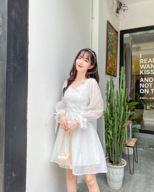 Váy trắng dự tiệc tay nơ đính ngọc vai kèm ảnh thật SẴN Size XS, S, M, L