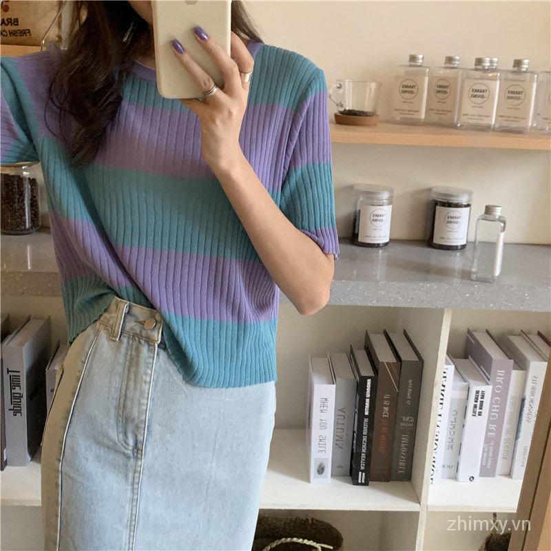 Áo dệt kim Do Dower tay ngắn dáng rộng họa tiết kẻ sọc màu tương phản thời trang mùa hè Hàn Quốc cho nữ | BigBuy360 - bigbuy360.vn