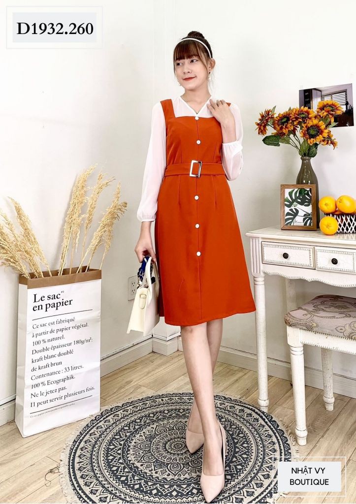 Đầm Công Sở NHẬT VY Tay Voan Nút Trắng Kèm Nịt Màu Cam, Đen, Nude - D1932