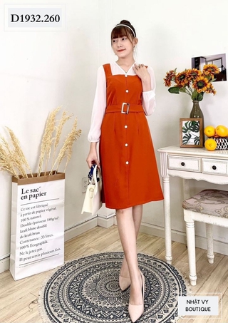 Đầm Công Sở NHẬT VY Tay Voan Nút Trắng Kèm Nịt Màu Cam, Đen, Nude - D1932
