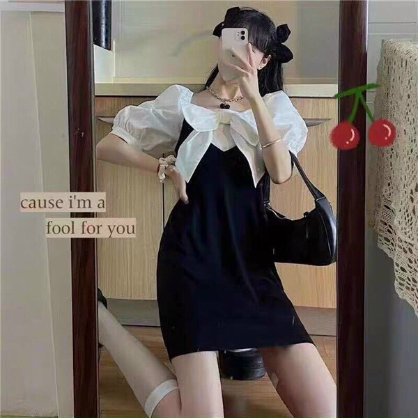 Đầm kate phối nơ tay phồng, đầm nữ tay phồng dáng váy xòe