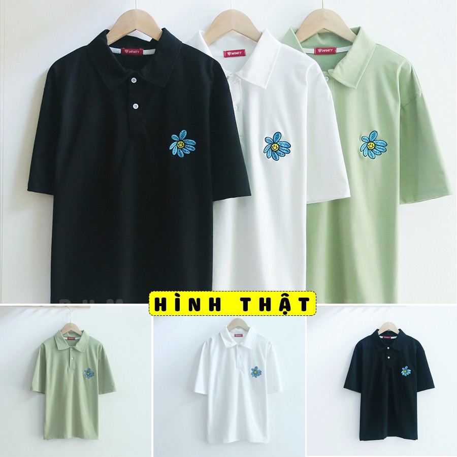 Áo Thun Polo Có Cổ Form Rộng Unisex Nam - Thêu Hoa Cúc - TTLCC51 - Hàng Đẹp Giống Hình - Chất Cotton Mềm Mát