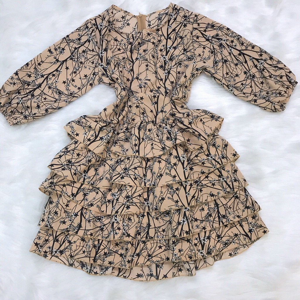 ĐẦM NỮ NGẮN XÒE XẾP TẦNG TAY LỠ HỌA TIẾT HOA LÁ SIÊU XINH XT75