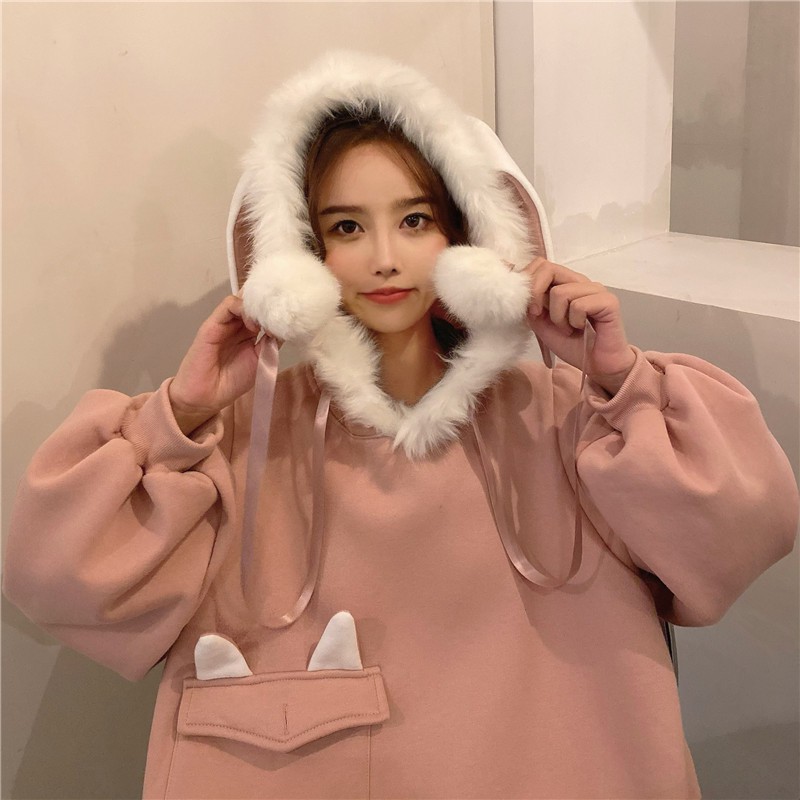#O41 Áo khoác nỉ dày mũ lông tai thỏ cực ấm có túi 1 bên cực xinh cute