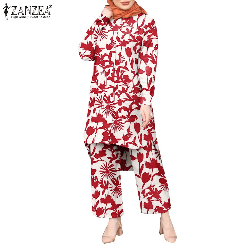 Bộ áo tay dài in hoa + quần dài ống rộng lưng thun ZANZEA phong cách Hồi Giáo thời trang dành cho nữ