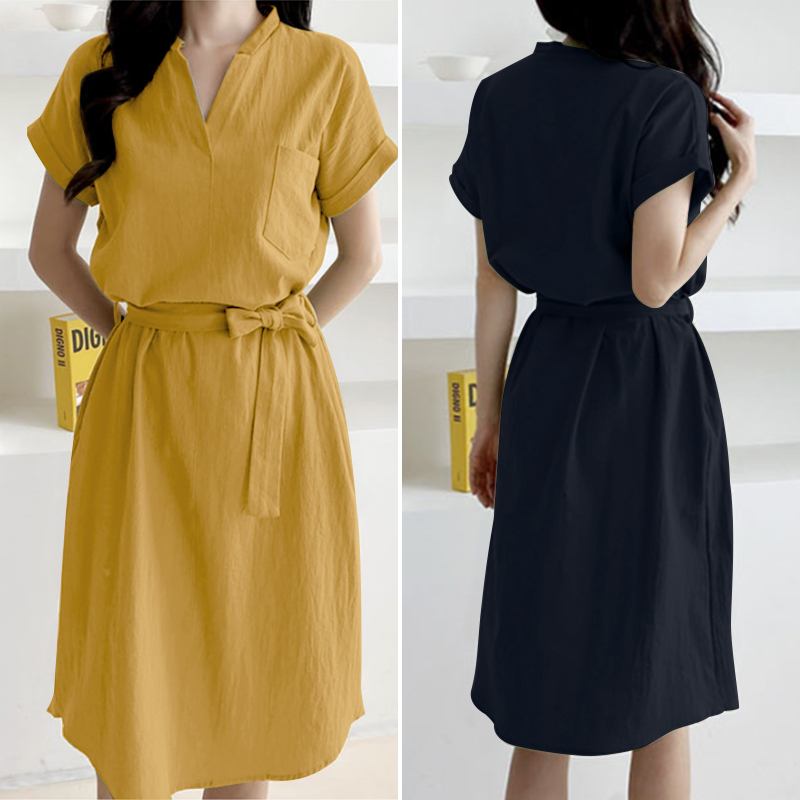 Đầm Cổ Chữ V ZANZEA Tay Ngắn Màu Trơn Thường Ngày Cho Nữ | BigBuy360 - bigbuy360.vn