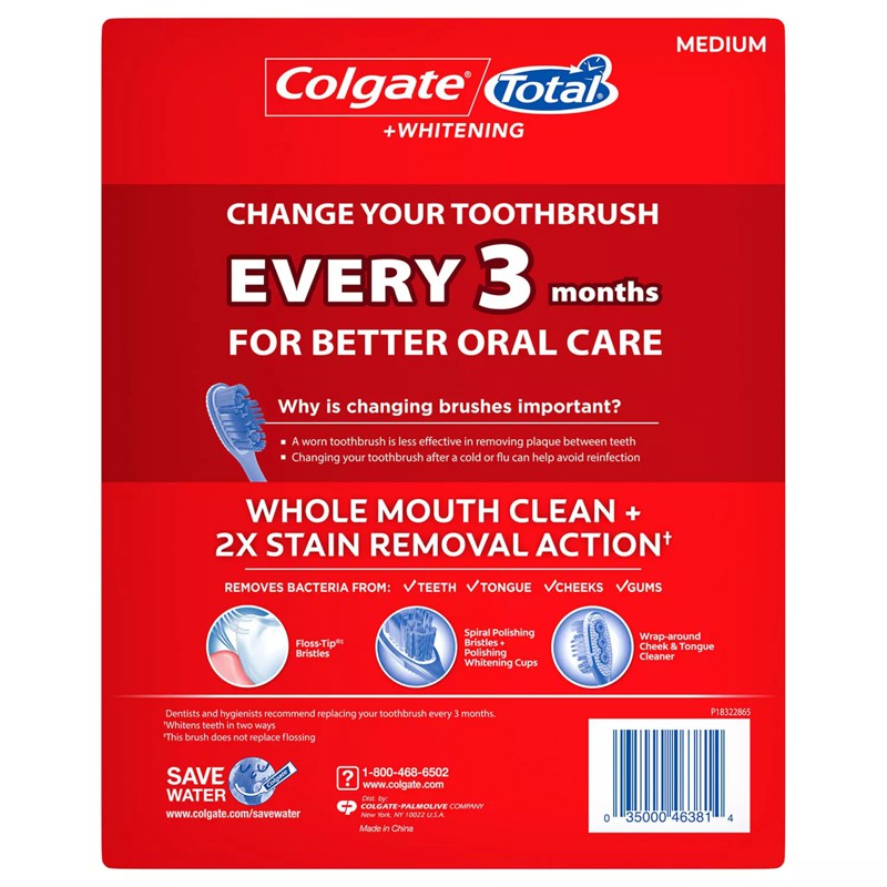 Bàn chải răng Colgate Total + Whitening - Medium, vỉ 8 cái