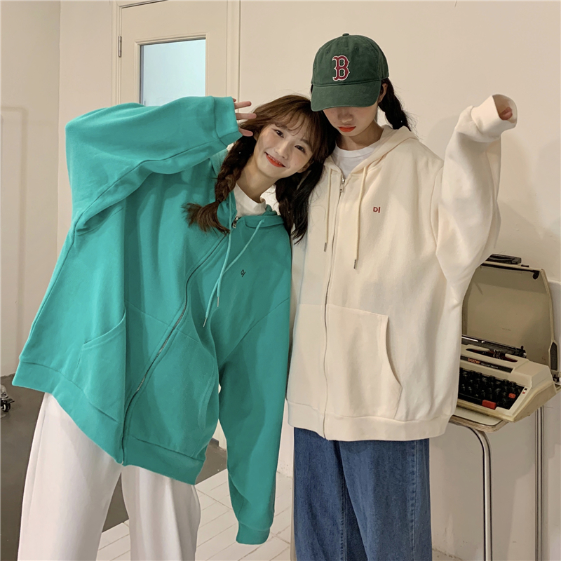 Áo Hoodie Dáng Rộng Phối Khóa Kéo Phong Cách Hàn Quốc Thời Trang Dành Cho Nữ