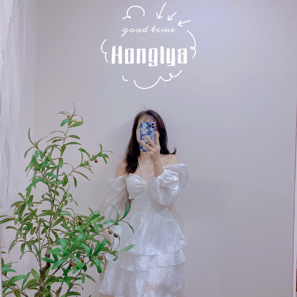 Đầm trắng tiểu thư dự tiệc trễ vai Váy trắng siêu mlem có mút lót ngực