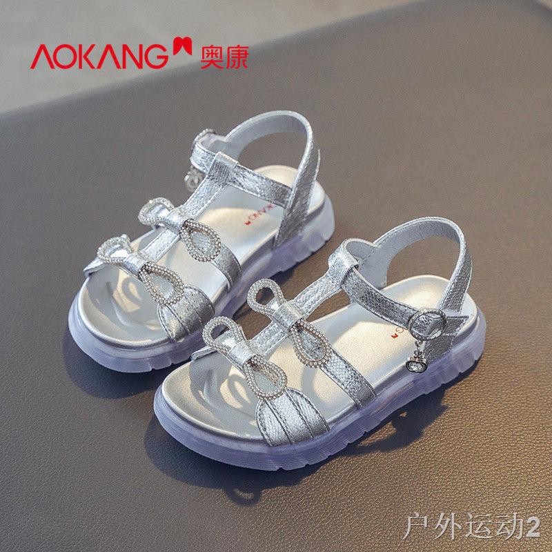 giày nữ trẻ em mới Dép bé gái Aokang 2021 công chúa mùa hè Big Kids nơ biểu diễn đế mềm chống trượt