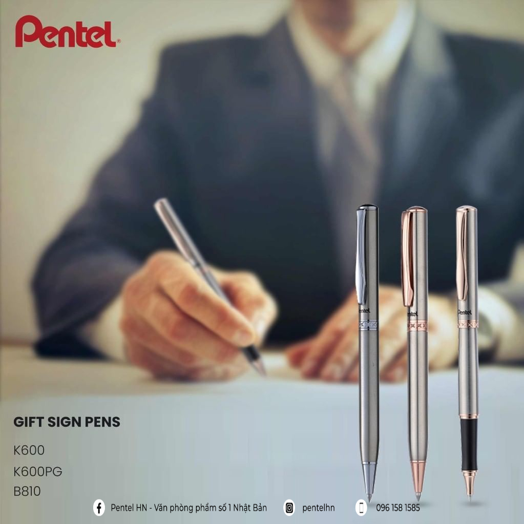 Bút Ký Pentel Cao Cấp K600 Ngòi 0.7mm Mực Xanh | Vò Màu Bạc|Có Ngòi Thay Thế | Mực Mau Khô