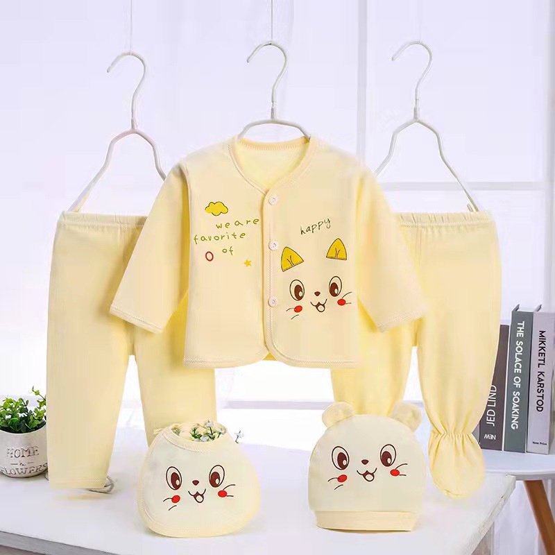 Set 5 món đồ quần áo dài cho bé sơ sinh 0-3 tháng 100% cotton nguyên chất hàng xuất Hàn cao cấp _ SET02