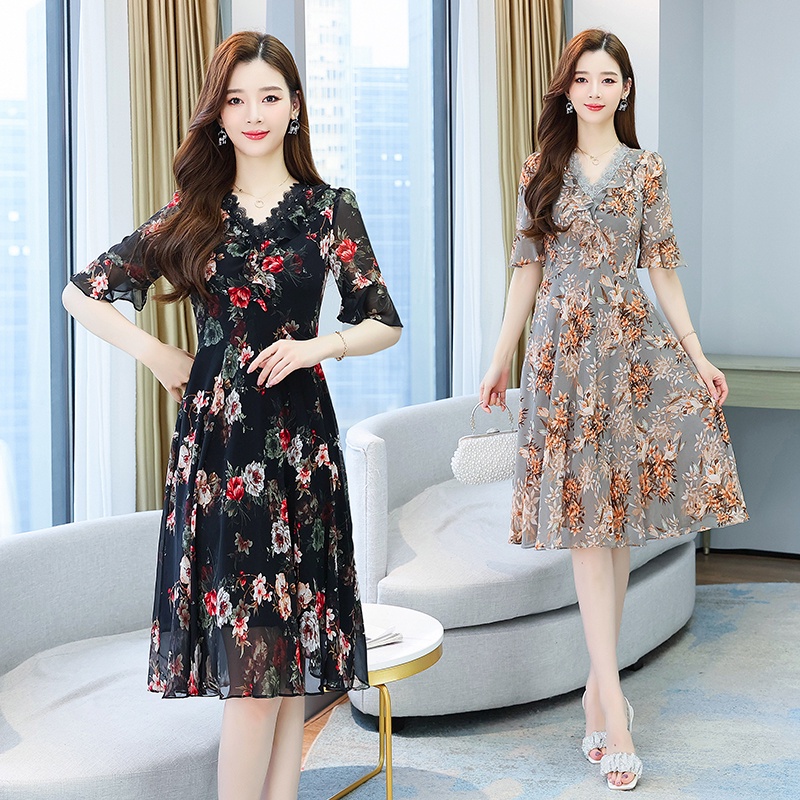 Đầm Voan Hoa Tay Loe Cổ Chữ v Dáng Ôm Thời Trang Mùa Hè 2022