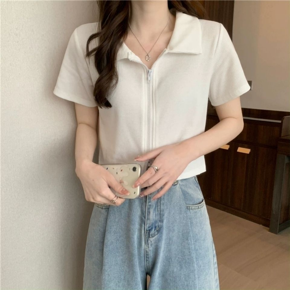 Áo Thun Crop Top Nữ Ngắn Tay Có Khóa Kéo Mới