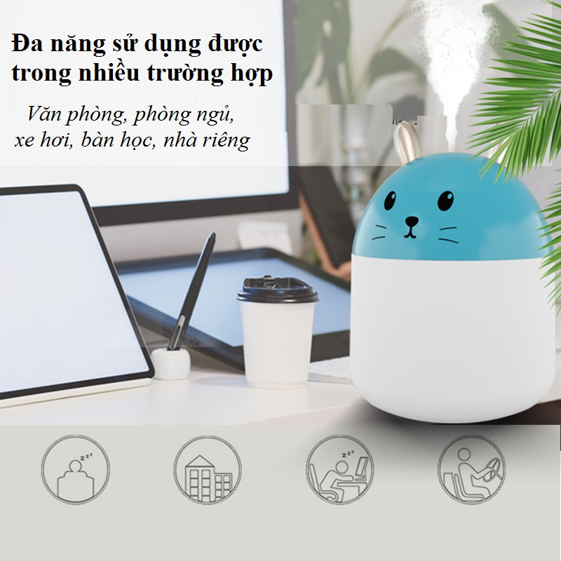 Máy phun sương mini tạo ẩm không khí dung tích 250ml hình thỏ cute có đèn led 7 màu làm đèn ngủ tiện lợi