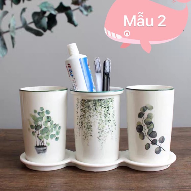 (có sẵn) Bộ cốc sứ đánh răng hình lá