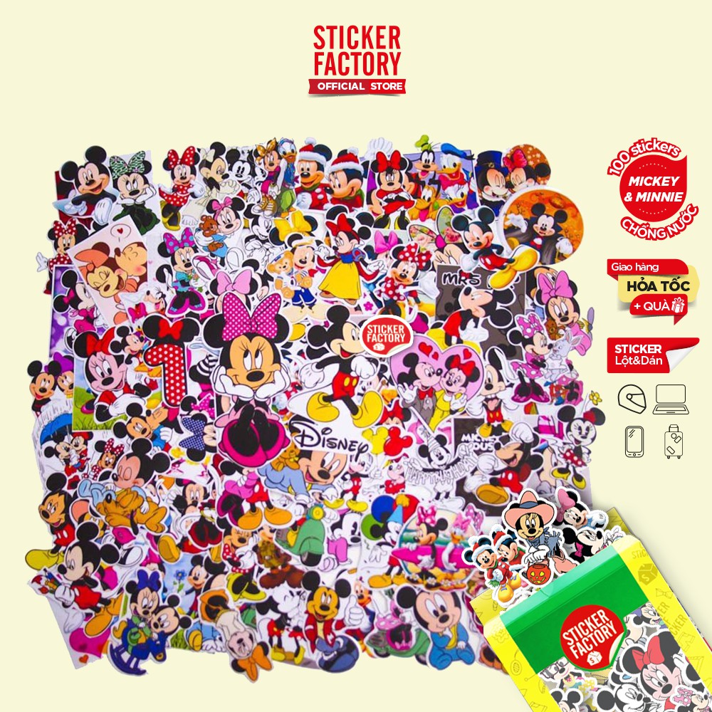 Mickey and Minnie - hộp set 100 sticker decal hình dán, trang trí nón bảo hiểm , laptop, xe máy, ô tô - STICKER FACTORY