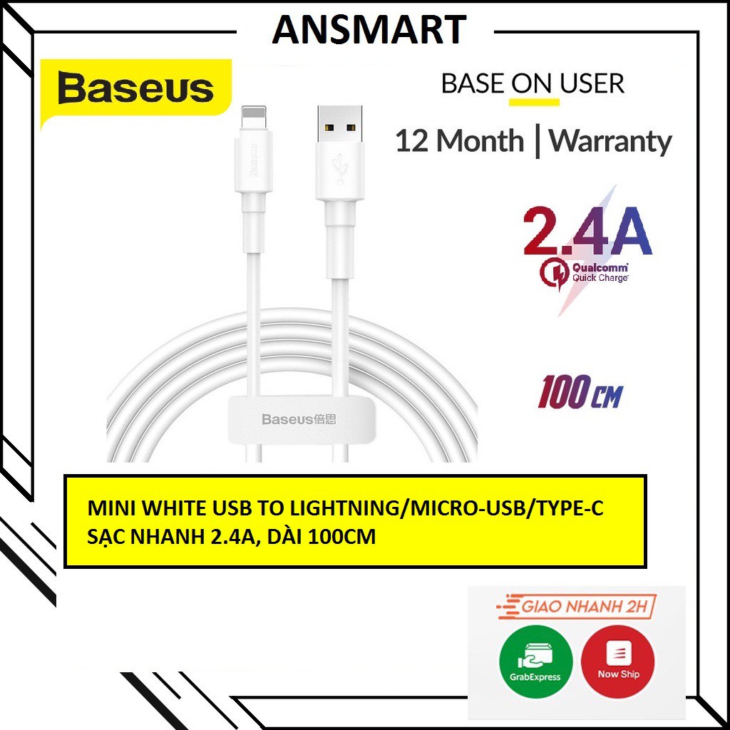 Cáp Baseus sạc nhanh và truyền dữ liệu Mini White Lightning / Micro/ Type-C (2.4A/3A )