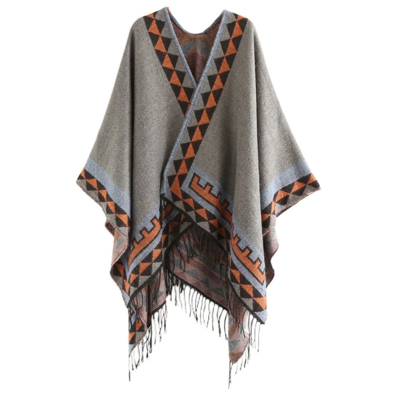 Khăn Choàng Poncho Tua Rua Họa Tiết Hình Học Nhiều Màu Sắc Phong Cách Vintage Dành Cho Nữ