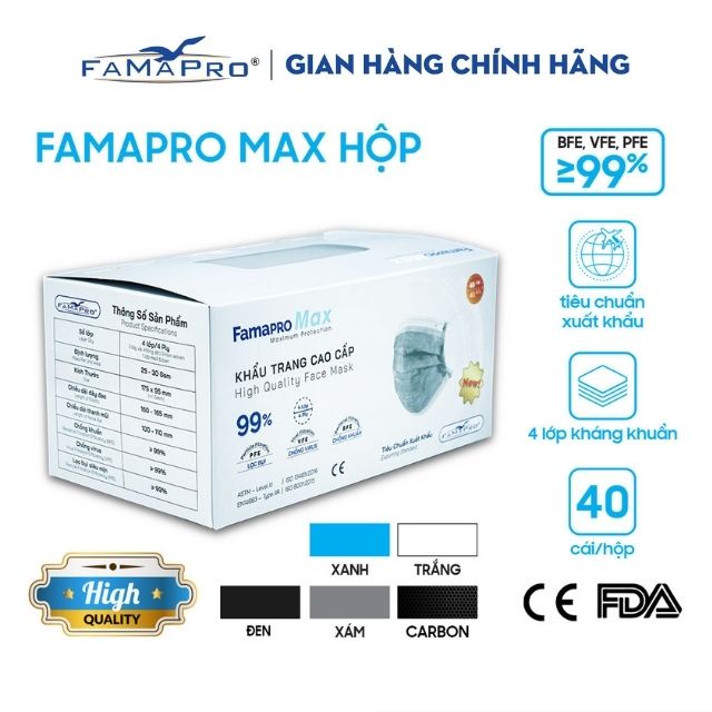 [HỘP-40 CÁI-MÀU XÁM] Khẩu trang y tế cao cấp kháng khuẩn 4 lớp Famapro max